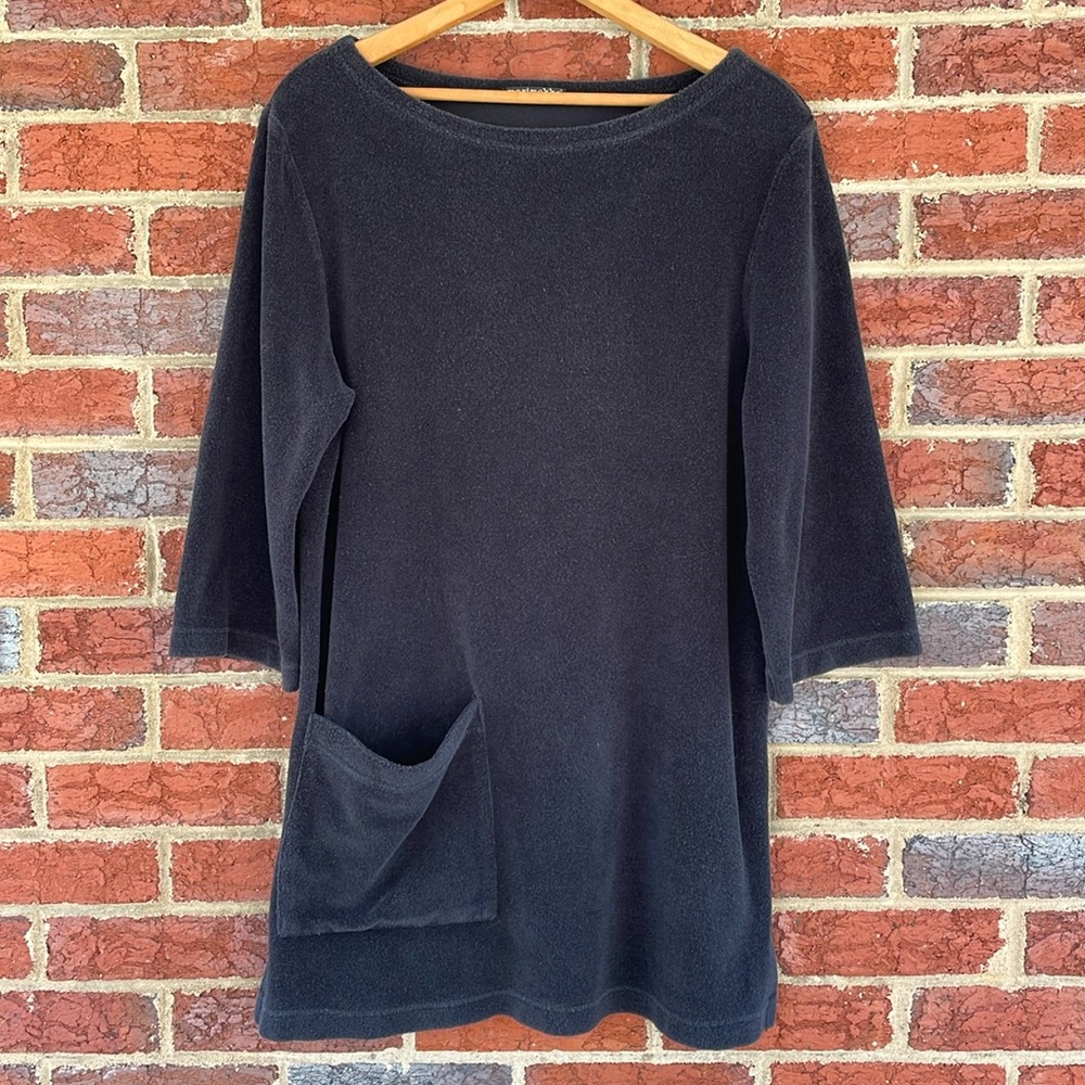 Marimekko dark blue cotton terry tunic with 3/4 sleeve, pocket & slits
